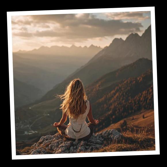 A woman meditates with mountain view